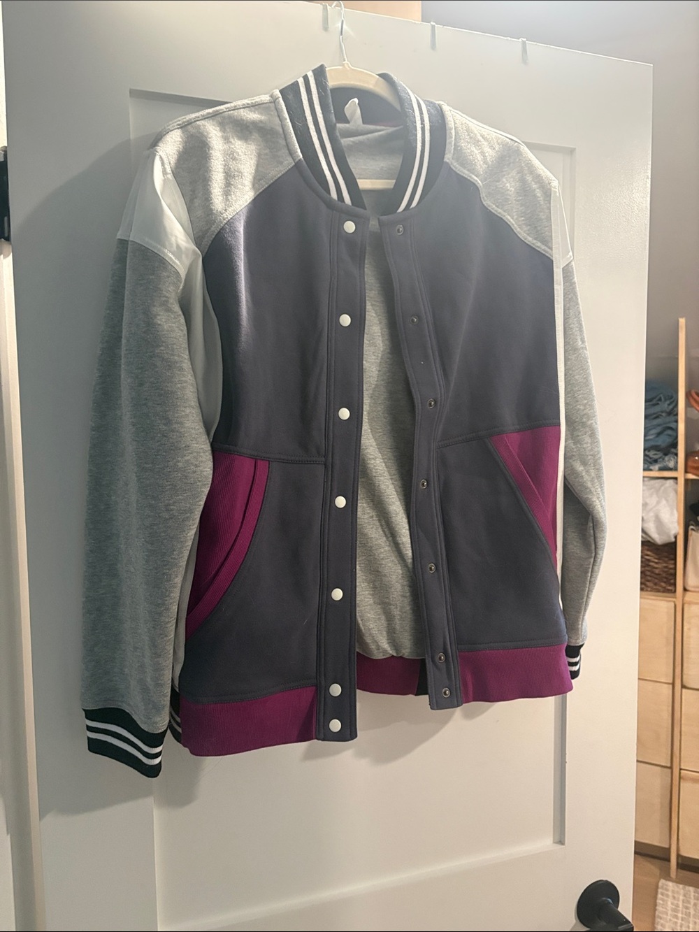 Women's Colorblock Varsity Jacket in Gray and Purple